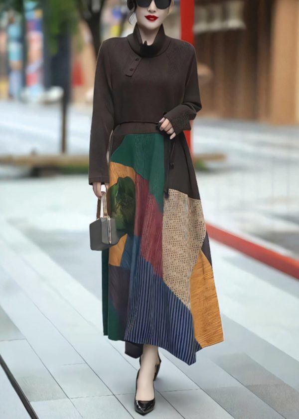 Bohemian Coffee Turtleneck Tie Waist Patchwork Long Dress Winter Online Hot Sale - Image 2