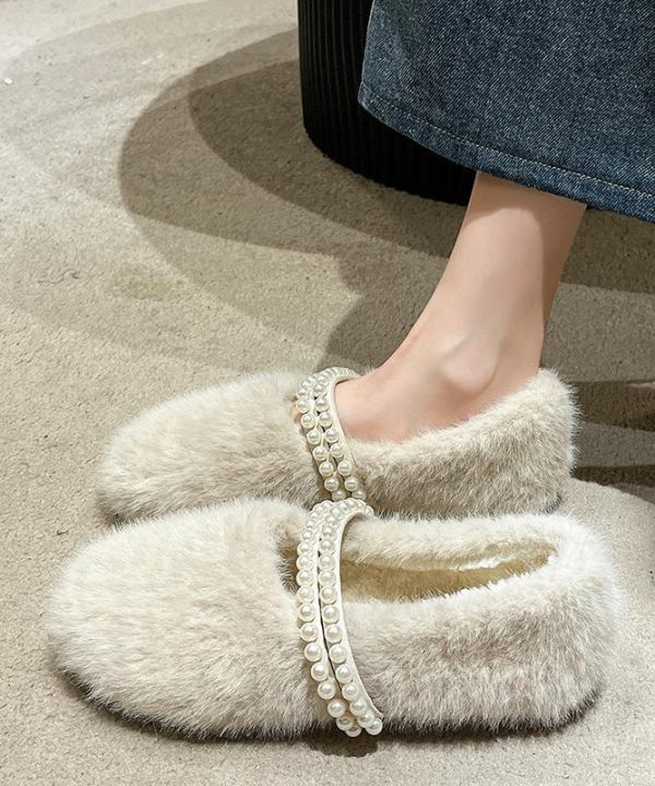 Stylish Beige Fuzzy fur Nail Bead Splicing Flat Feet Shoes Hot on Sale