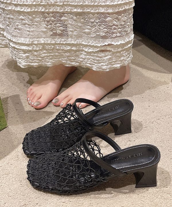 Black Breathable Mesh Splicing Stylish Chunky Slide Sandals Fashion - Image 3