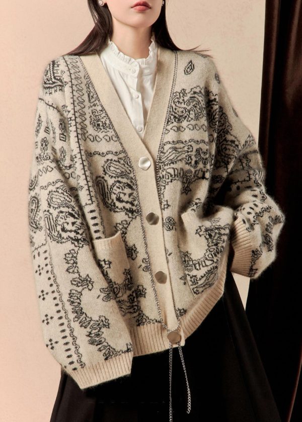 Loose Light Khaki Button Pockets Cotton Knit Cardigan Spring Discount