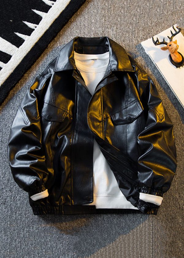 Original Brown Peter Pan Collar Solid Faux Leather Mens Coats Spring For Cheap - Image 2