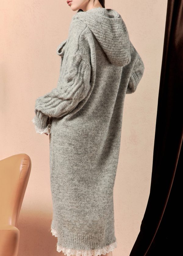 Art Grey Hooded Lace Patchwork Knit Dress Winter Hot on Sale - Image 5