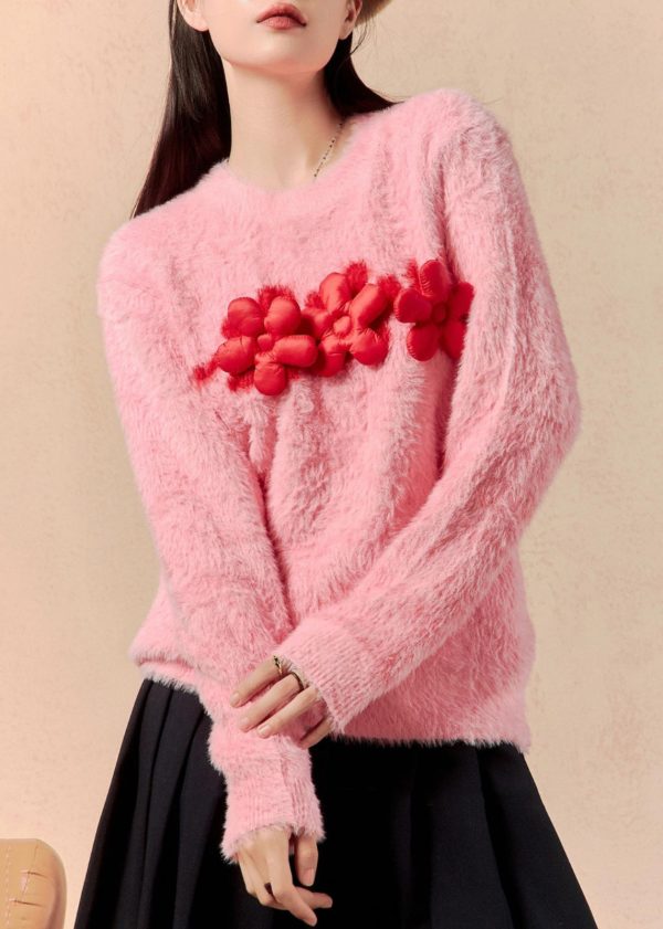 Women Pink O Neck Floral Mink Hair Knitted Sweaters Winter For Sale
