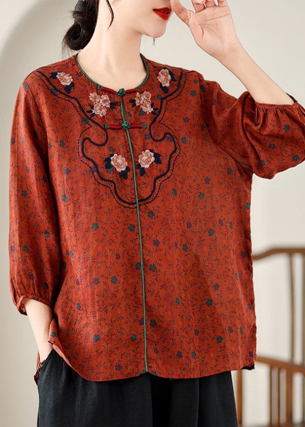 Retro Red Embroidered Print Linen Top Spring For Discount