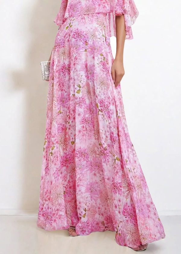 Bohemian Pink O Neck Print Chiffon Maxi Dresses Butterfly Sleeve Online - Image 4