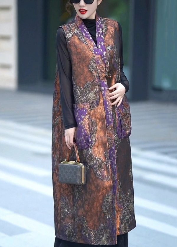 Art Orange V Neck Button Pockets Silk Waistcoat Sleeveless Fashion - Image 2