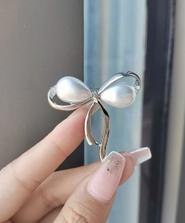 Stylish Silk Stainless Steel Pearl Bow Brooch For Discount - Image 2