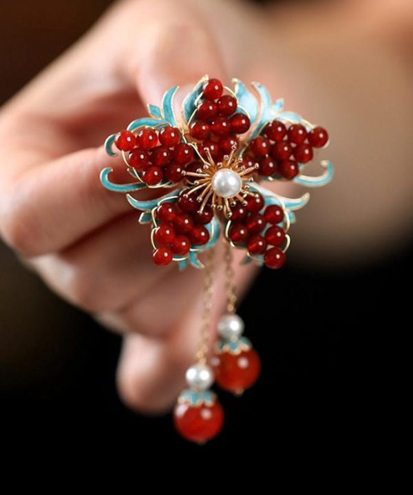 New Red Sterling Silver Overgild Pearl Crystal Tassel Brooches Hot on Sale - Image 2