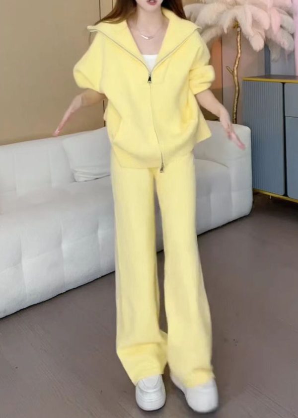 Cute Yellow Zippered Cotton Knit Coats And Wide Leg Pants Two Pieces Set Winter Hot on Sale - Image 3