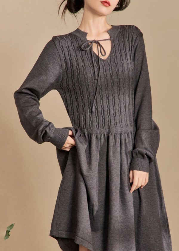 Elegant Grey Lace Up Solid Knit Dresses Spring Supply