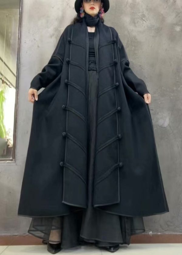 Black Button Solid Loose Woolen Long Coat V Neck Winter Online Hot Sale - Image 2