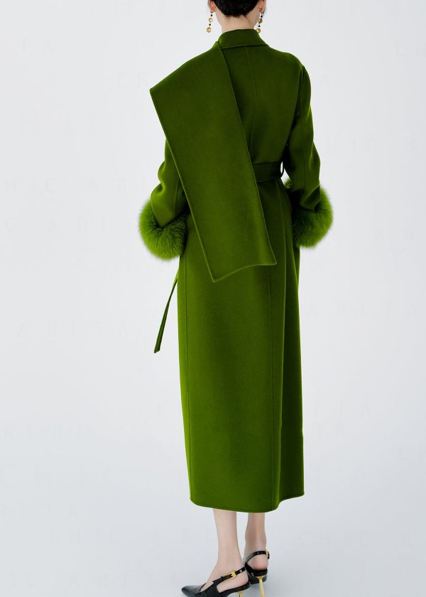 Boutique Green Tie Waist Patchwork Wool Coats Spring Hot on Sale - Image 5