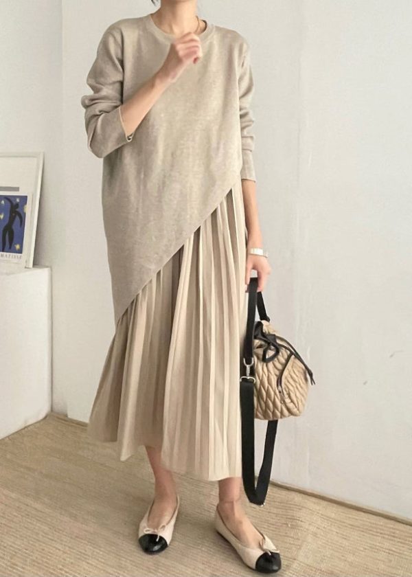 Beautiful Khaki Asymmetrical Wrinkled Knit Dress Two Piece Set Spring Supply - Image 4