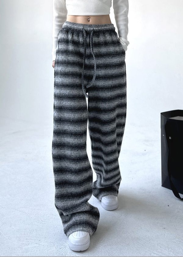 Boutique Black Grey Striped Elastic Waist Pockets Warm Fleece Pants Spring Cheap - Image 3