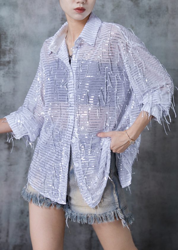 White Oversized Tulle Shirt Tops Tasseled Sequins Summer For Discount