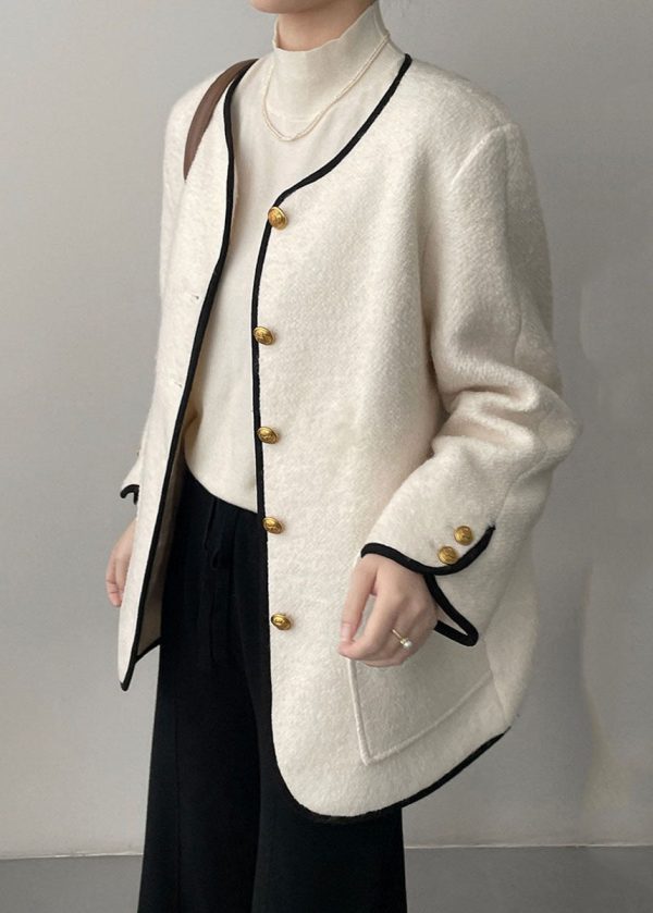 Elegant White Pockets Patchwork Woolen Coat Long Sleeve on Sale