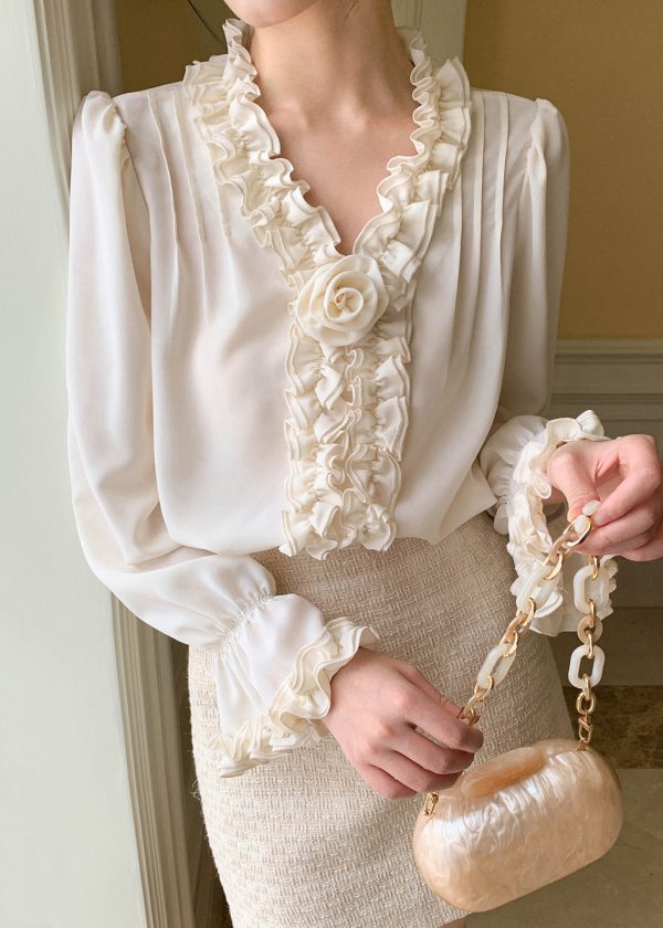 Art Apricot Ruffled Solid Chiffon Shirt Petal Sleeve Online Sale