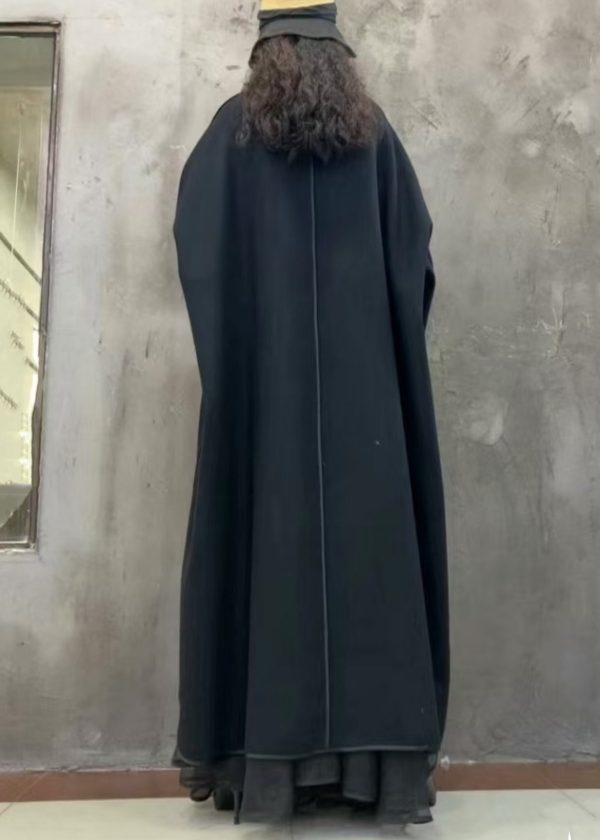 Black Button Solid Loose Woolen Long Coat V Neck Winter Online Hot Sale - Image 4