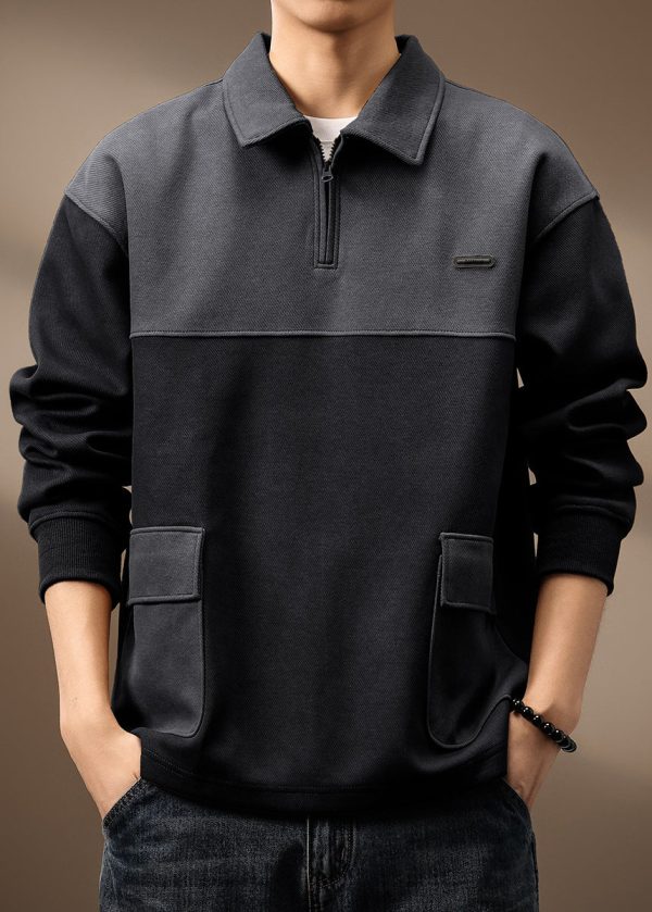 Vintage Olive Green Zip Up Pockets Patchwork Cotton Mens Sweatshirt Spring Hot on Sale - Image 2