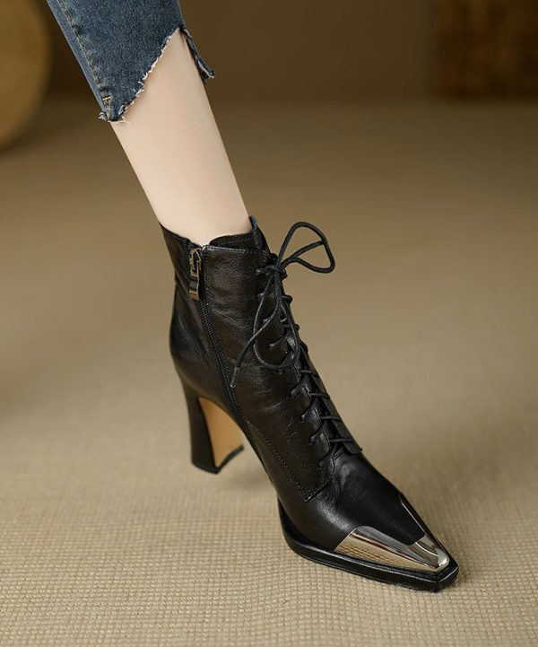 Fashion Brown Sheepskin Splicing Chunky Heel Boots Cross Strap For Cheap - Image 2