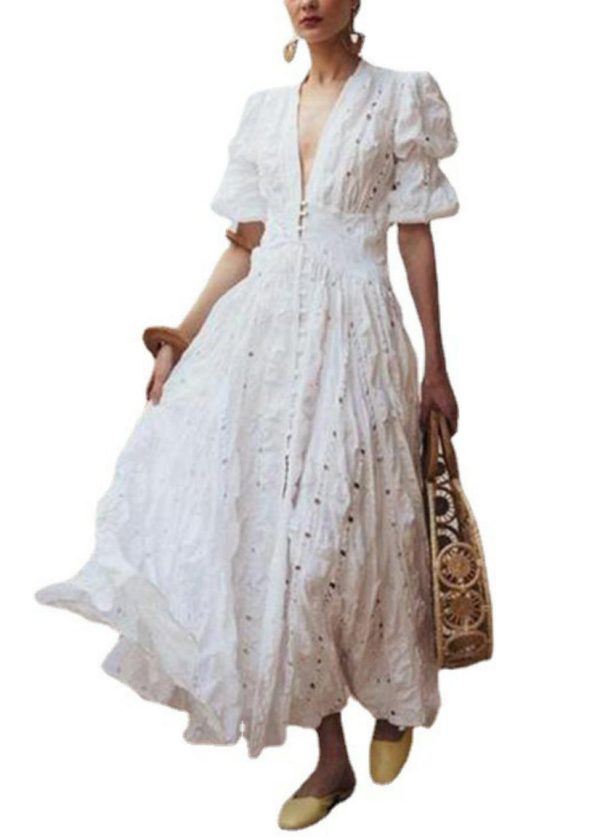 Chic White Puff Sleeve Exra Large Hem Cotton Holiday Dress Spring For Sale - Image 5
