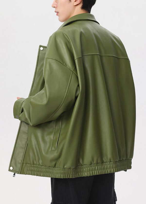 New Green Peter Pan Collar Zippered Faux Leather Men Coat Spring Fashion - Image 5