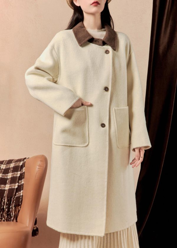 French White Button Pockets Patchwork Woolen Coat Winter Discount