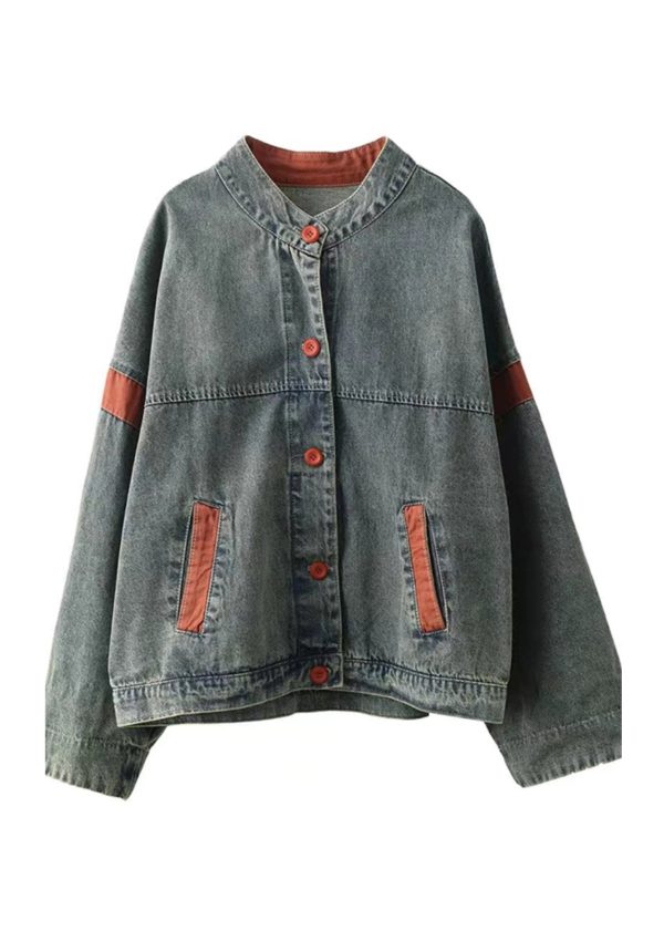 Casual Blue Oversized Patchwork Denim Jacket Spring Online now - Image 5