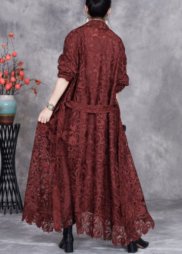 Italian Caramel Hollow Out Tie Waist Lace Long Trench Coat Spring Online - Image 4