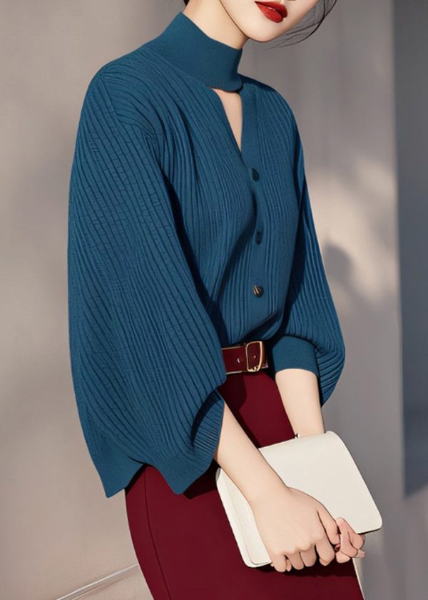 Fine Peacock Blue Turtleneck Hollow Out Cotton Knit Sweater Spring Hot on Sale