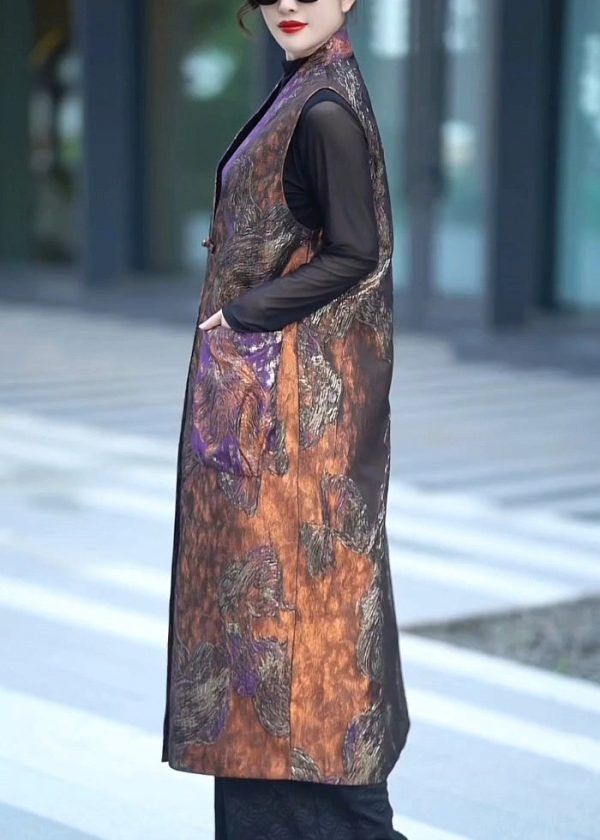 Art Orange V Neck Button Pockets Silk Waistcoat Sleeveless Fashion - Image 4
