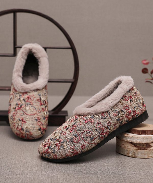 Comfy Beige Embroidery Splicing Flats Fuzzy Wool Lined Online