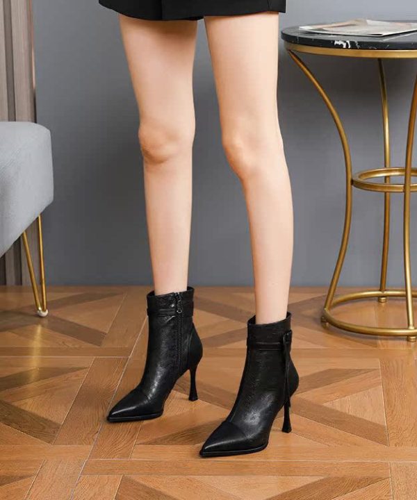 Classy Coffee Splicing Stiletto Boots Embossed Pointed Toe on Sale - Image 3