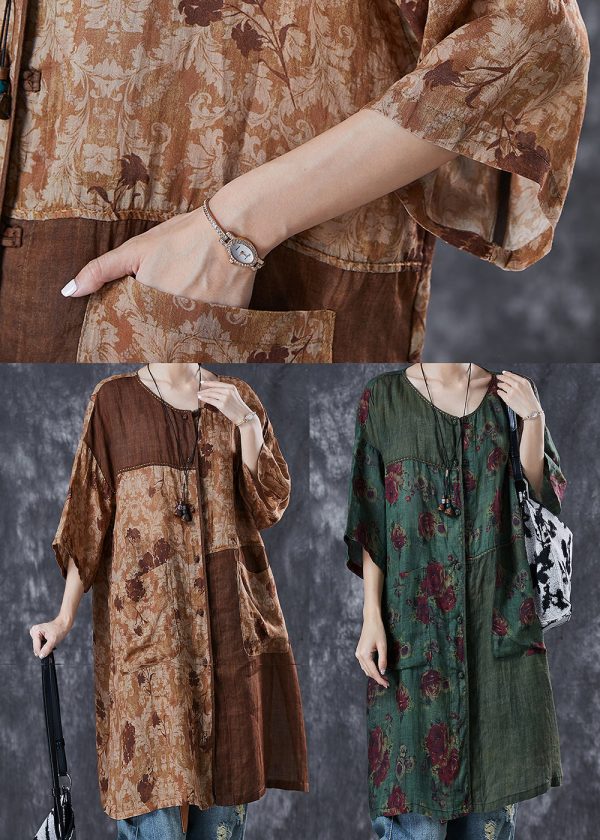Tea Green Patchwork Linen Dress Print Pockets Summer Supply - Image 5