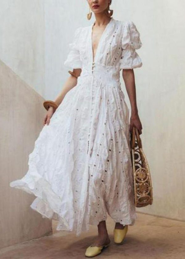 Chic White Puff Sleeve Exra Large Hem Cotton Holiday Dress Spring For Sale