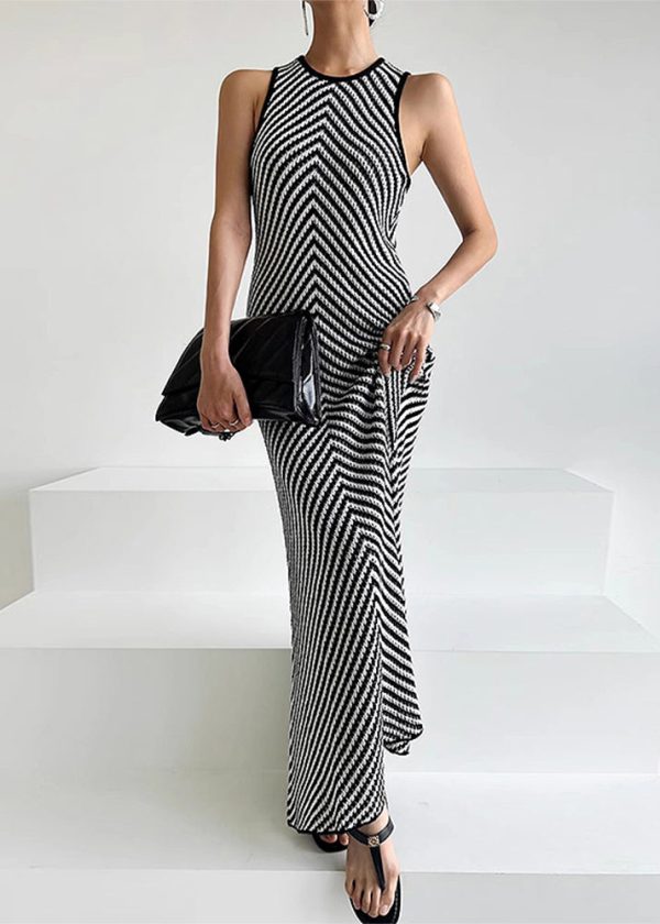 Silm Fit Black Striped Knit Ankle Dress Sleeveless Fashion - Image 3