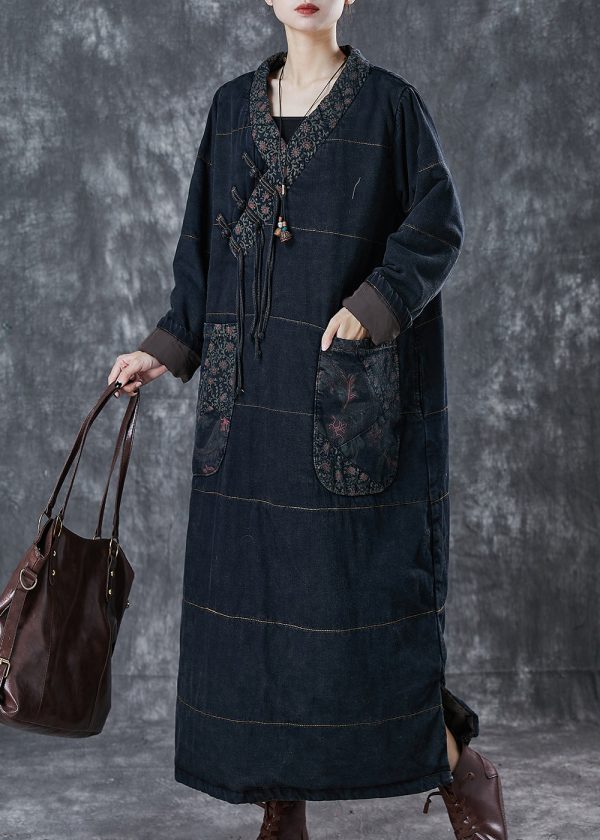 Art Black Chinese Button Patchwork Pockets Cotton Filled Dress Winter For Cheap