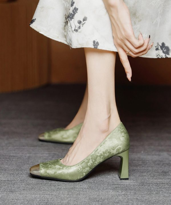 Chinese Style Green Chunky Heel Satin Square Toe Fashion - Image 3