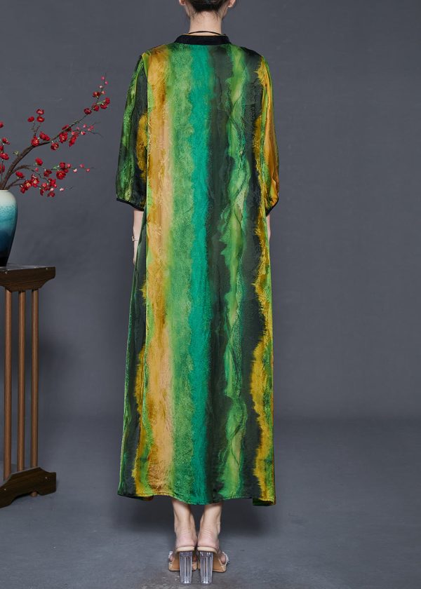 Beautiful Green Mandarin Collar Tie Dye Silk Vacation Dresses Bracelet Sleeve on Sale - Image 4