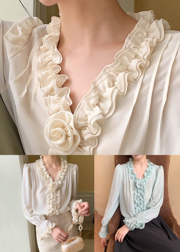 Art Apricot Ruffled Solid Chiffon Shirt Petal Sleeve Online Sale - Image 5