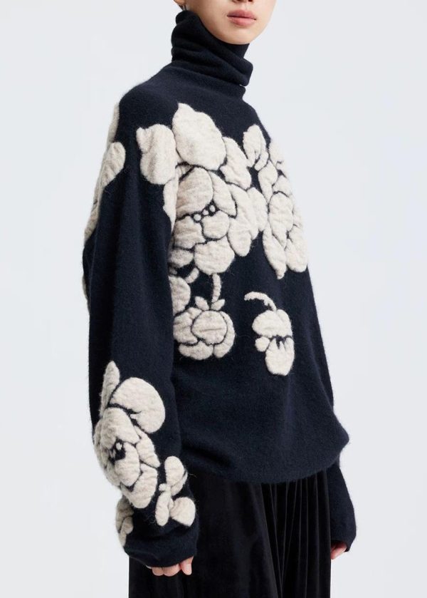 Jacquard Black Turtleneck Floral Wool Knit Sweaters Winter For Cheap - Image 3