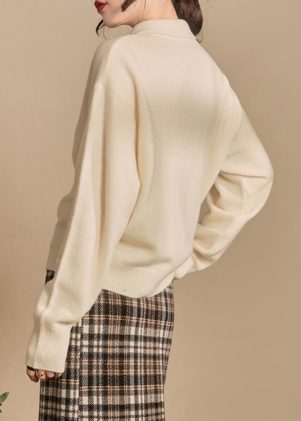 Women Beige Bow Button Solid Knit Sweaters Winter Online Hot Sale - Image 5