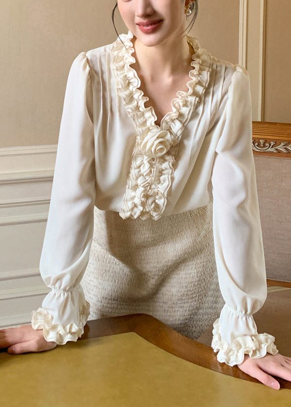 Art Apricot Ruffled Solid Chiffon Shirt Petal Sleeve Online Sale - Image 2