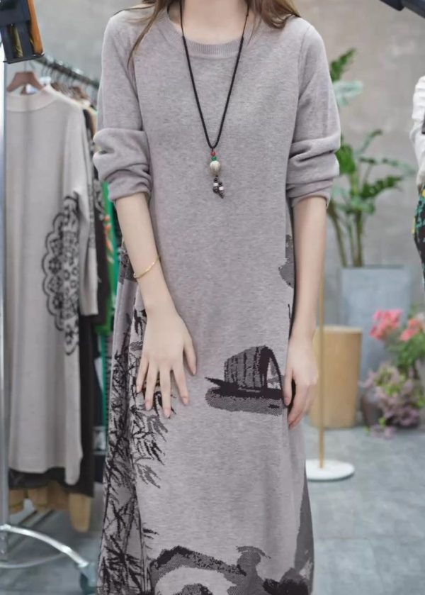 Women Grey O Neck Print Knit Sweater Dress Winter Sale - Image 2
