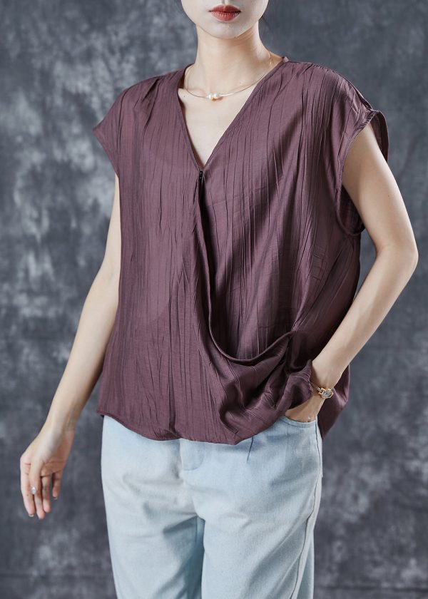 Brown Loose Linen Tank Tops Wrinkled Summer For Sale