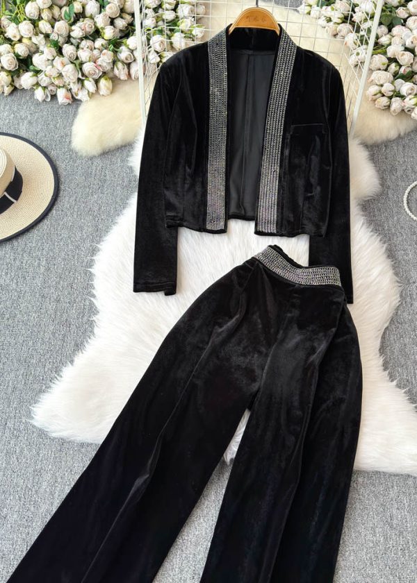 Boutique Black Patchwork Zircon Cardigans And Wide Leg Pants Two Pieces Set Spring Cheap - Image 2