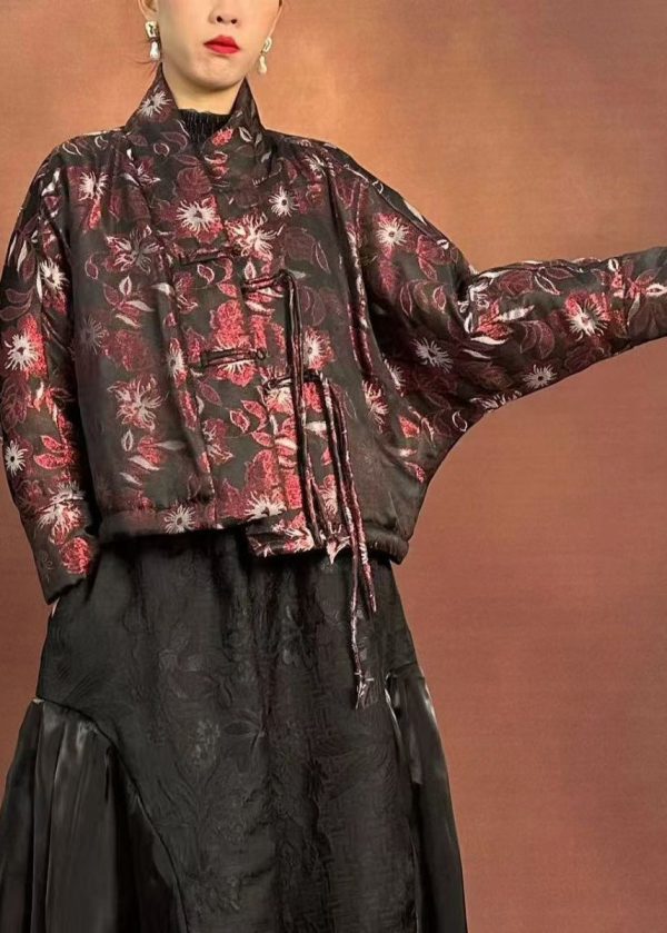 Fine Black Stand Collar Print Tassel Parka Winter Online now