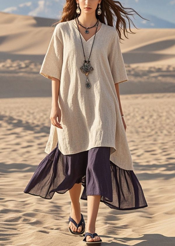 Light Camel Patchwork Cotton Vacation Dresses Oversized Summer Online - Image 3