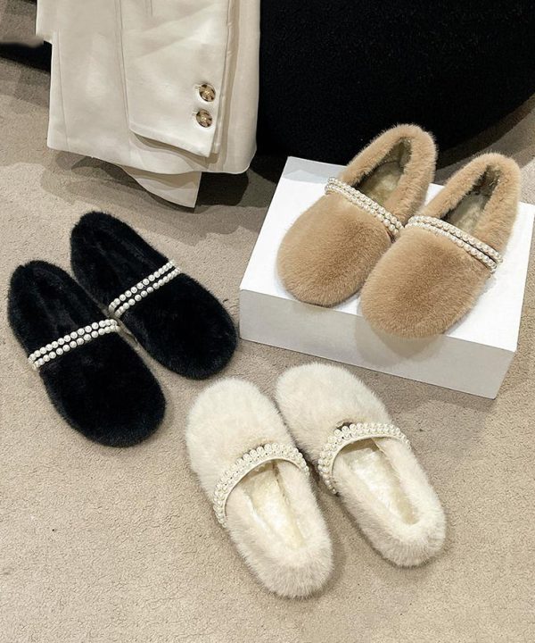 Stylish Beige Fuzzy fur Nail Bead Splicing Flat Feet Shoes Hot on Sale - Image 5