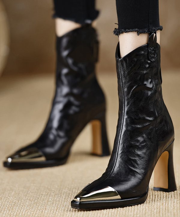 Brown Boots Chunky Heel Sheepskin Classy Splicing Sequined For Cheap - Image 4